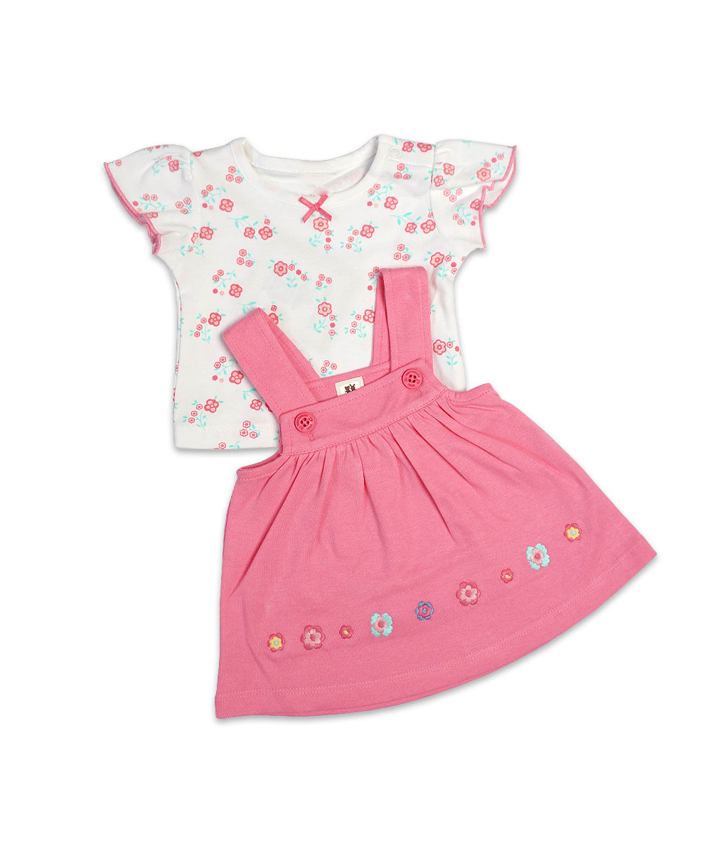 Pink Pinafore Dress Set with Floral Embroidery