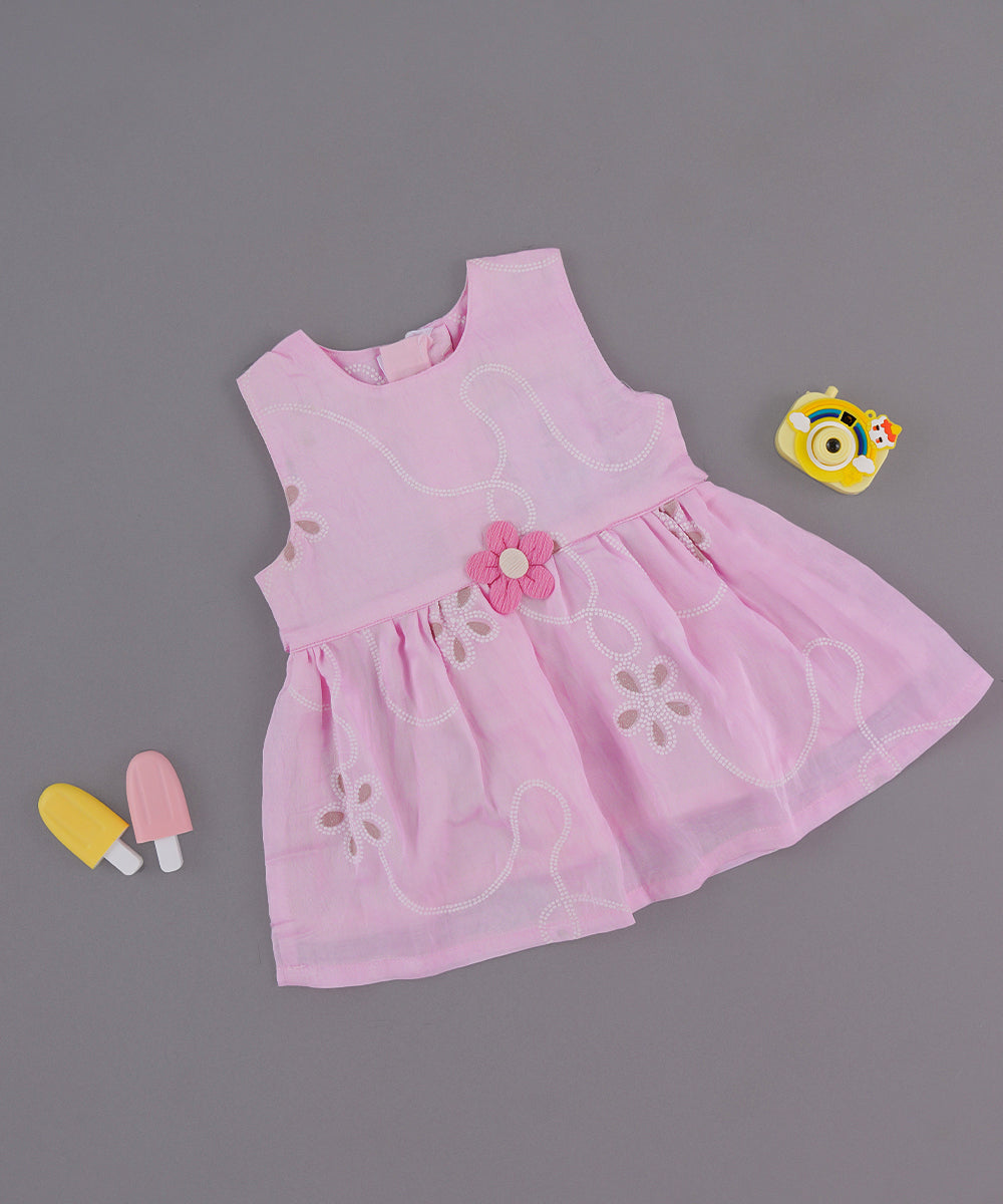 🌸 Light Pink Embroidered Cotton Frock with Floral Accent – Baby Girl
