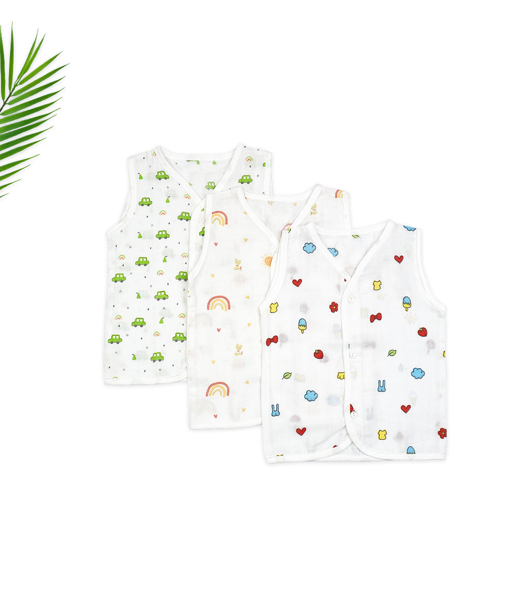 Muslin Sleeveless Jabla for Newborns - Pack of 3 (Car, Rainbow, and Fun Prints)
