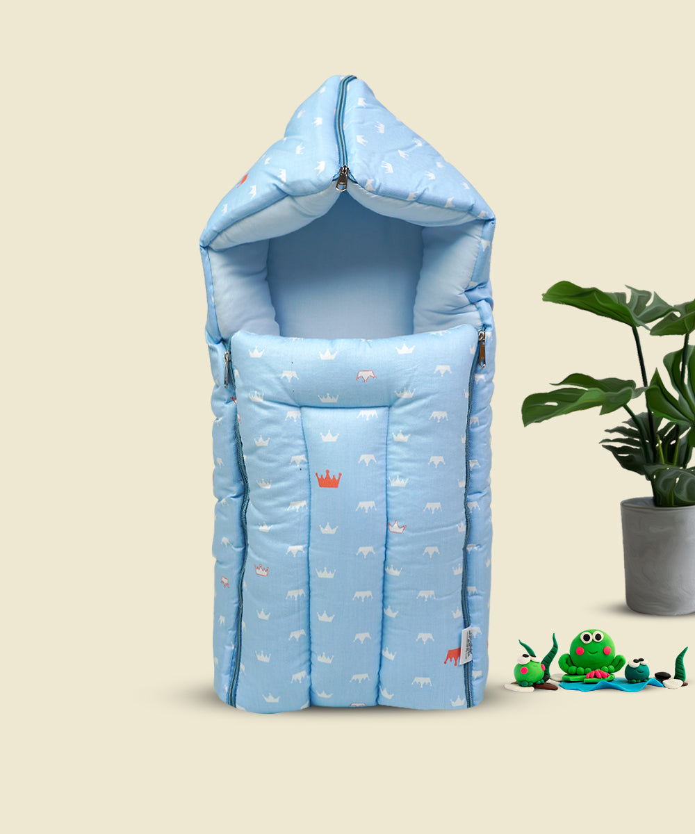 Soft Cotton Baby Carry Nest with Hood – Sky Blue with Crown Print