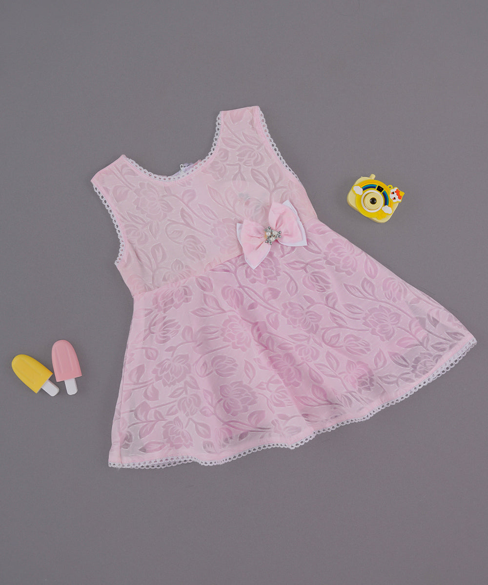 🎀 Pink Net Frock with Elegant Bow & Floral Design – Baby Girl