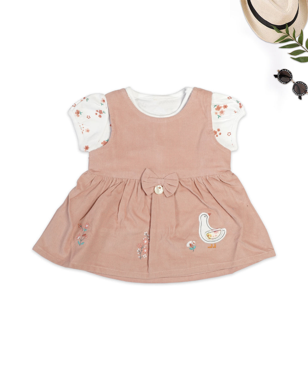 Chic Mild Brown Pinafore Dress Set with Goose Embroidery