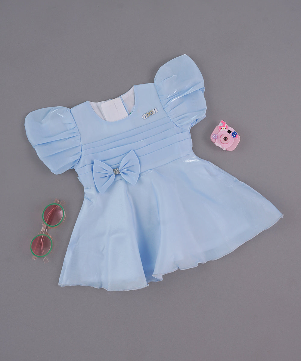 💙 Baby Girl’s Sky Blue Puff Sleeve Party Frock with Bow