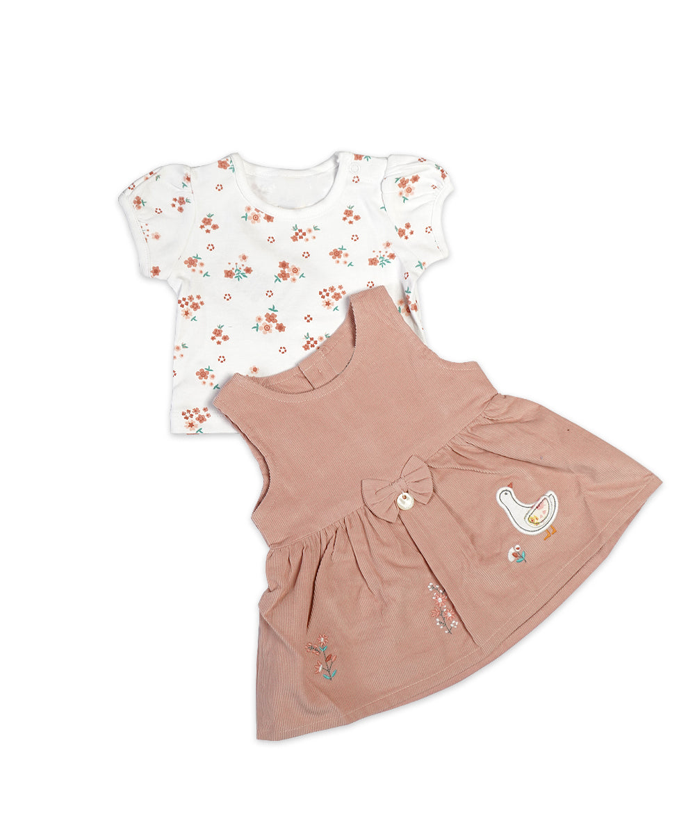 Chic Mild Brown Pinafore Dress Set with Goose Embroidery