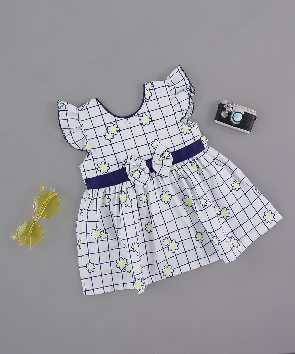 🌼 White & Navy Blue Checked Frock with Bow & Flutter Sleeves
