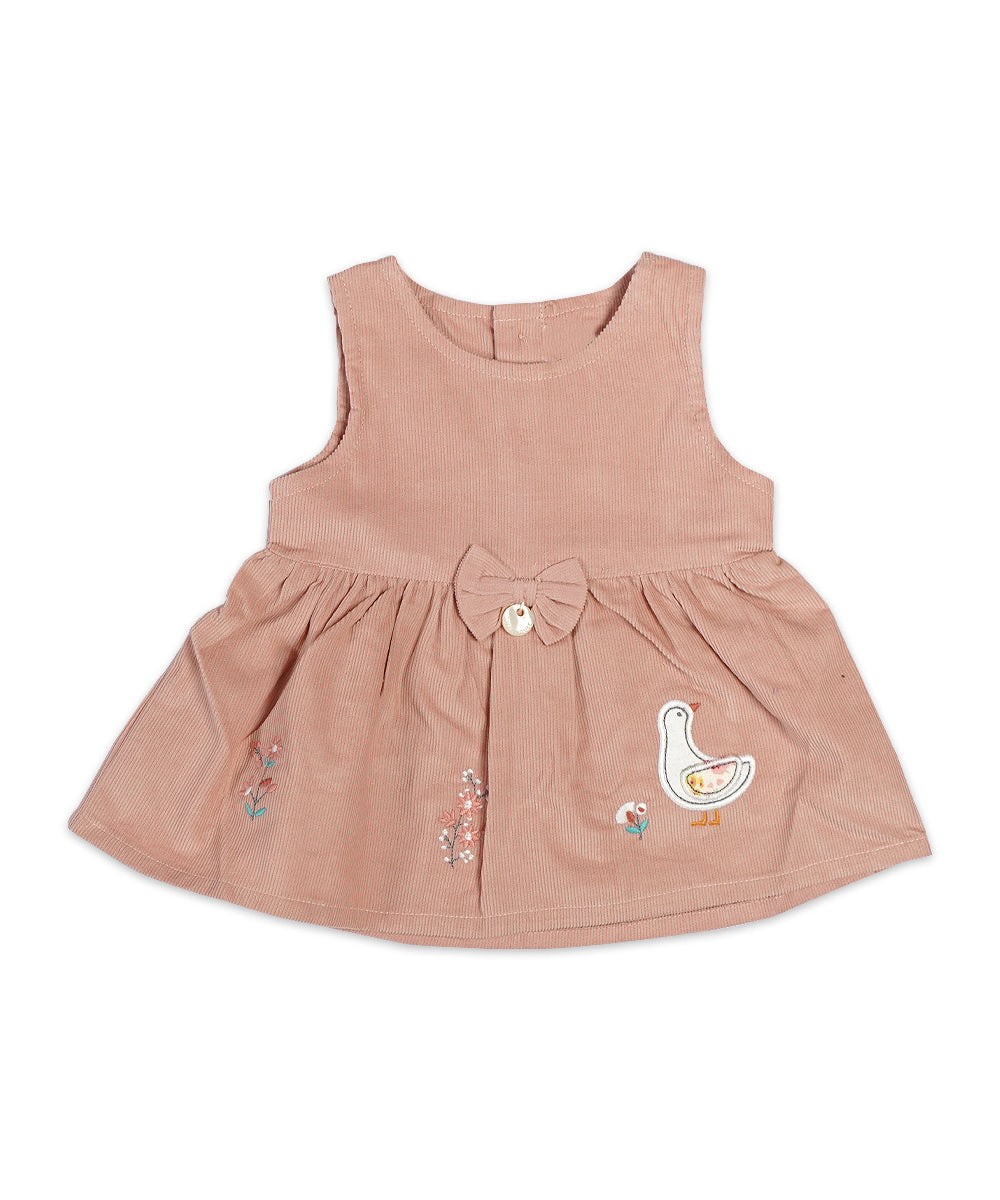 Chic Mild Brown Pinafore Dress Set with Goose Embroidery