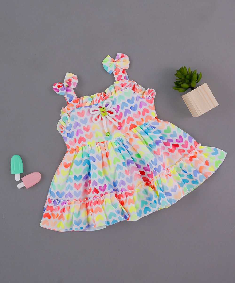 🌈 Rainbow Heart Printed Sleeveless Frock with Bow Straps