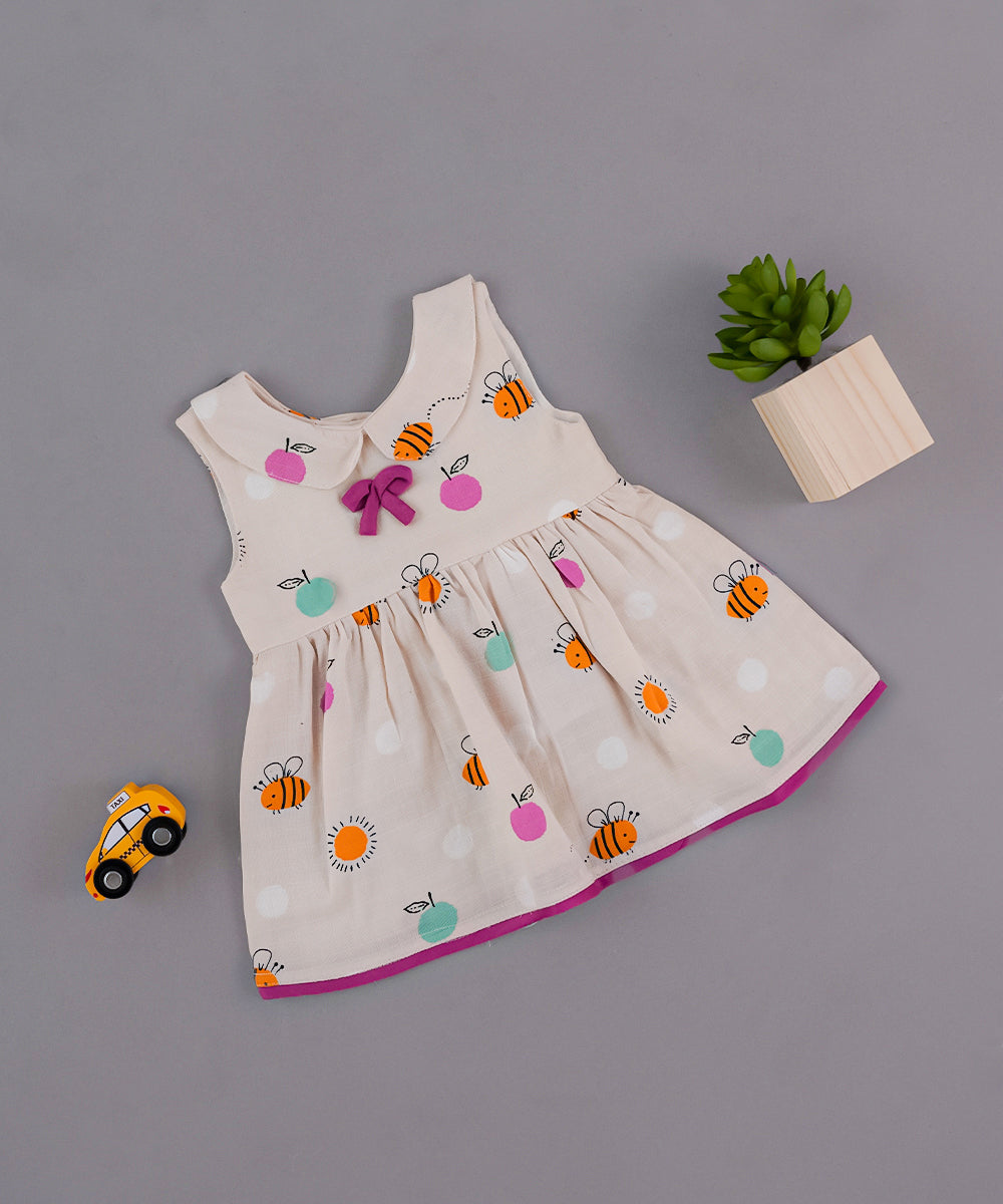 🐝 Buzz & Fruit Printed Sleeveless Frock with Bow