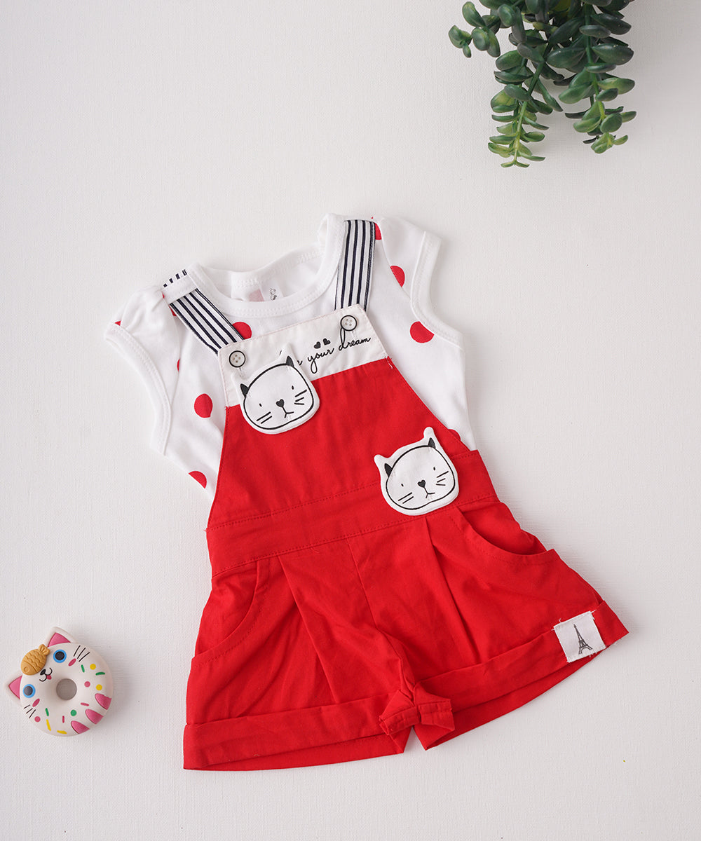 🐱 Cute Kitty Print Red Dungaree Set 🐱