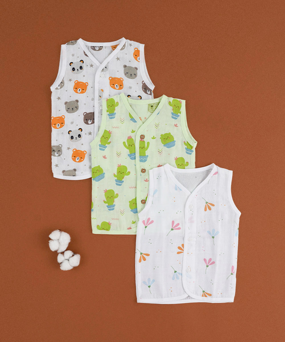 Muslin Cotton Sleeveless Jabla Set – Pack of 3 🌱🐻🌸