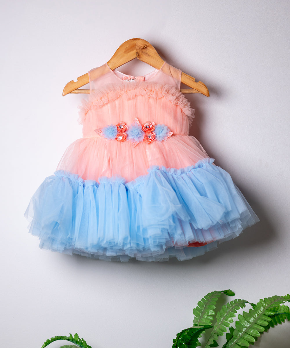 Baby Girl's Peach and Blue Layered Party Dress