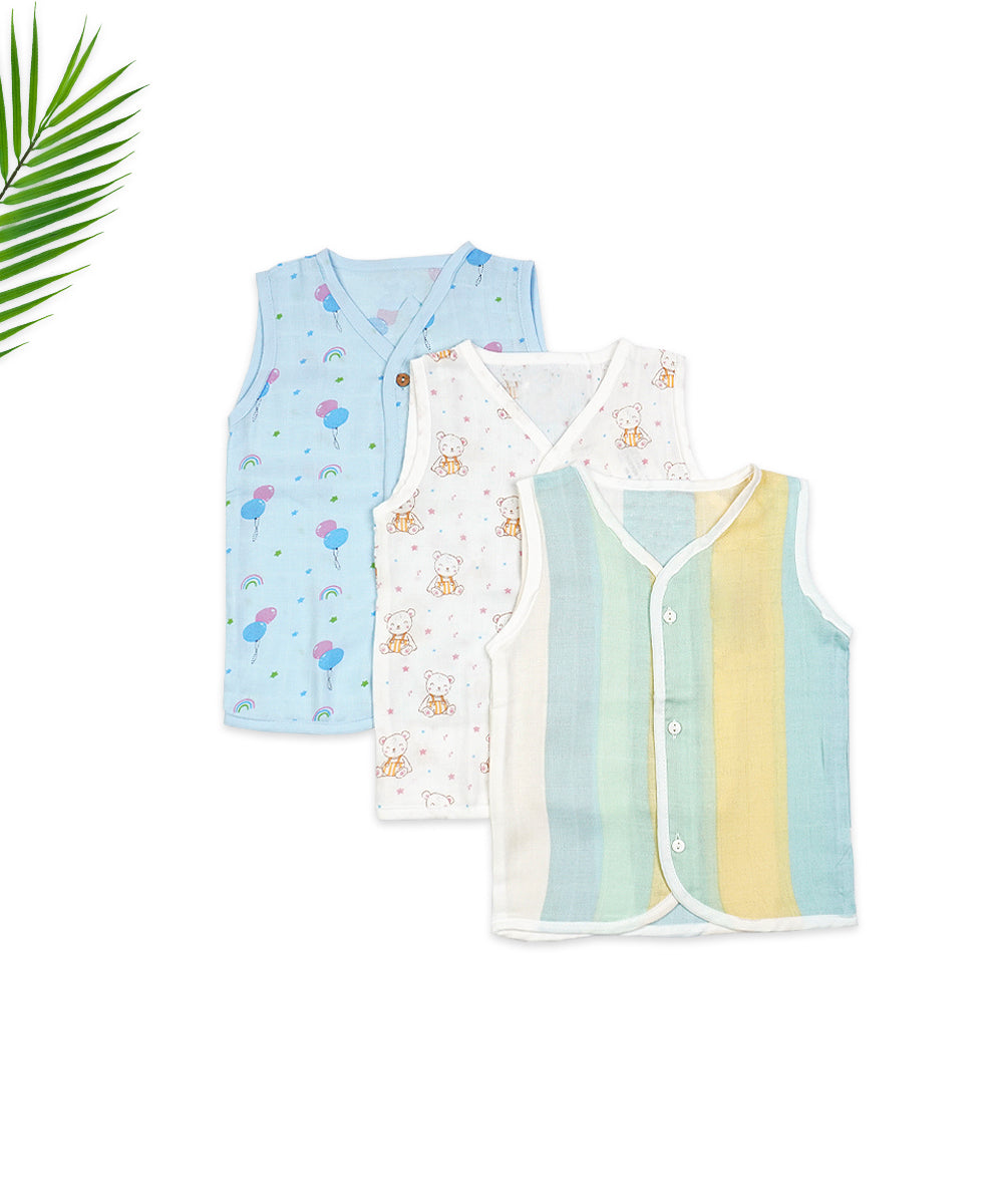 Muslin Sleeveless Jabla for Newborns - Pack of 3 (Balloon, Teddy Bear, and Stripe Prints)