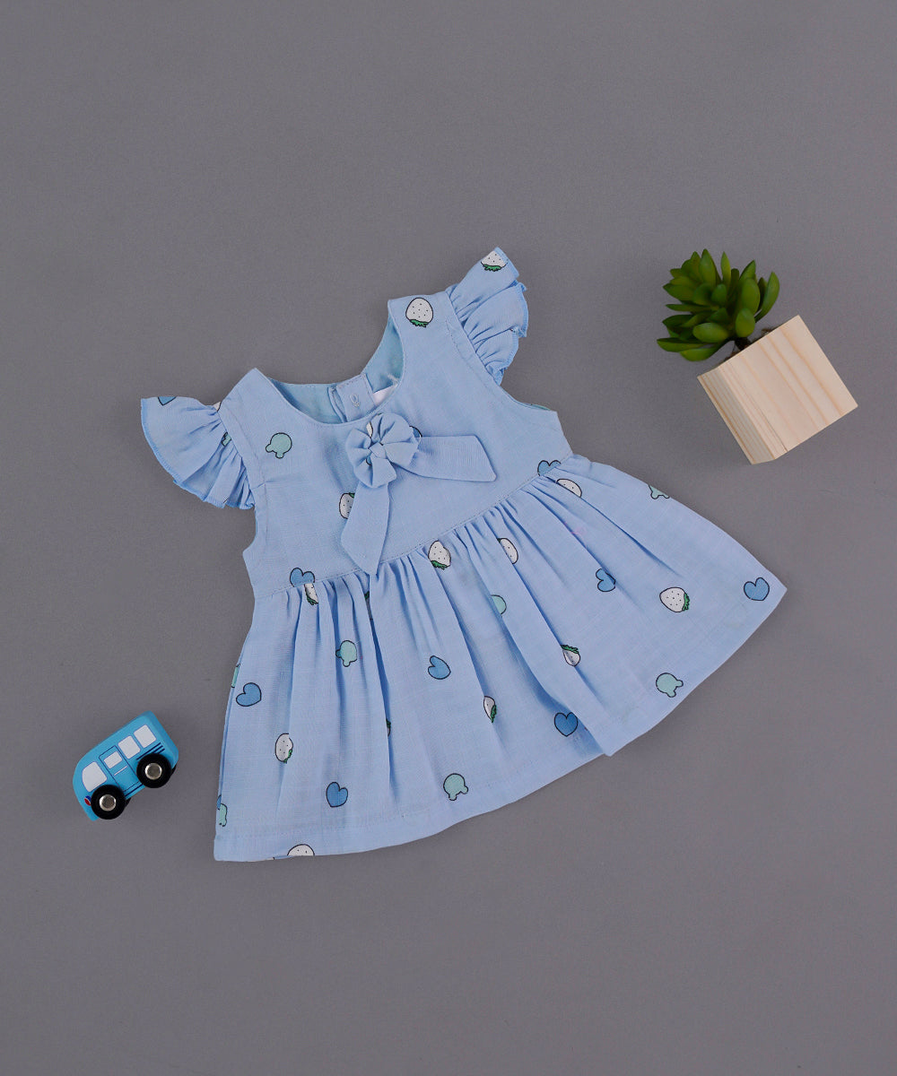💙 Sky Blue Cotton Baby Frock with Cute Fruit Print & Bow