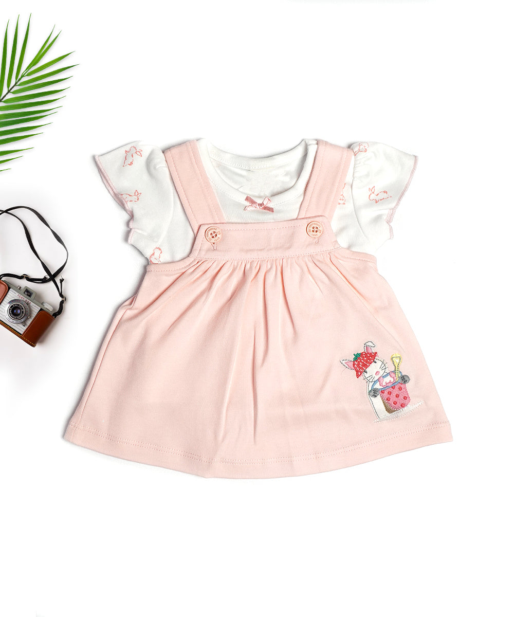 Charming Pink Pinafore Dress Set with Strawberry Bunny Design