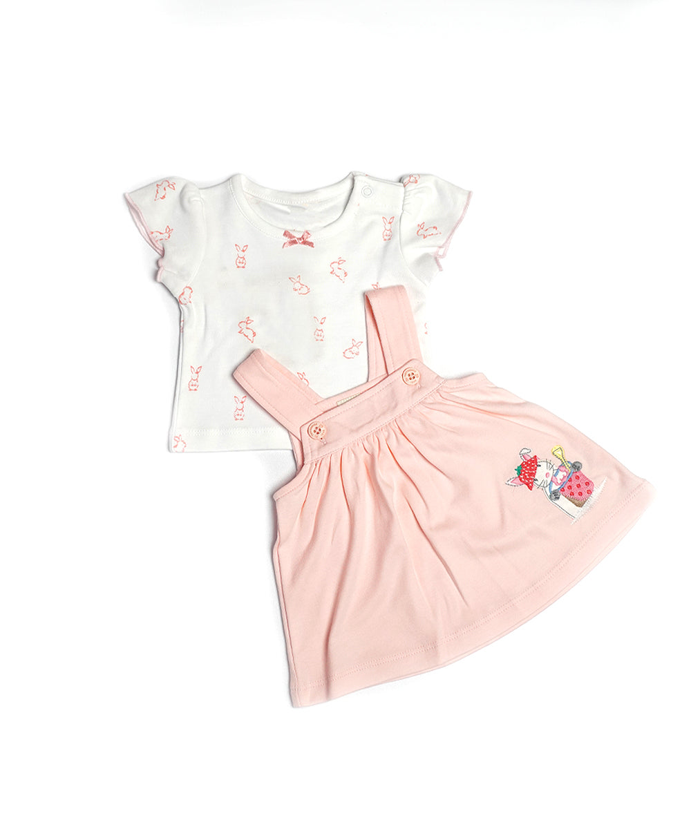 Charming Pink Pinafore Dress Set with Strawberry Bunny Design