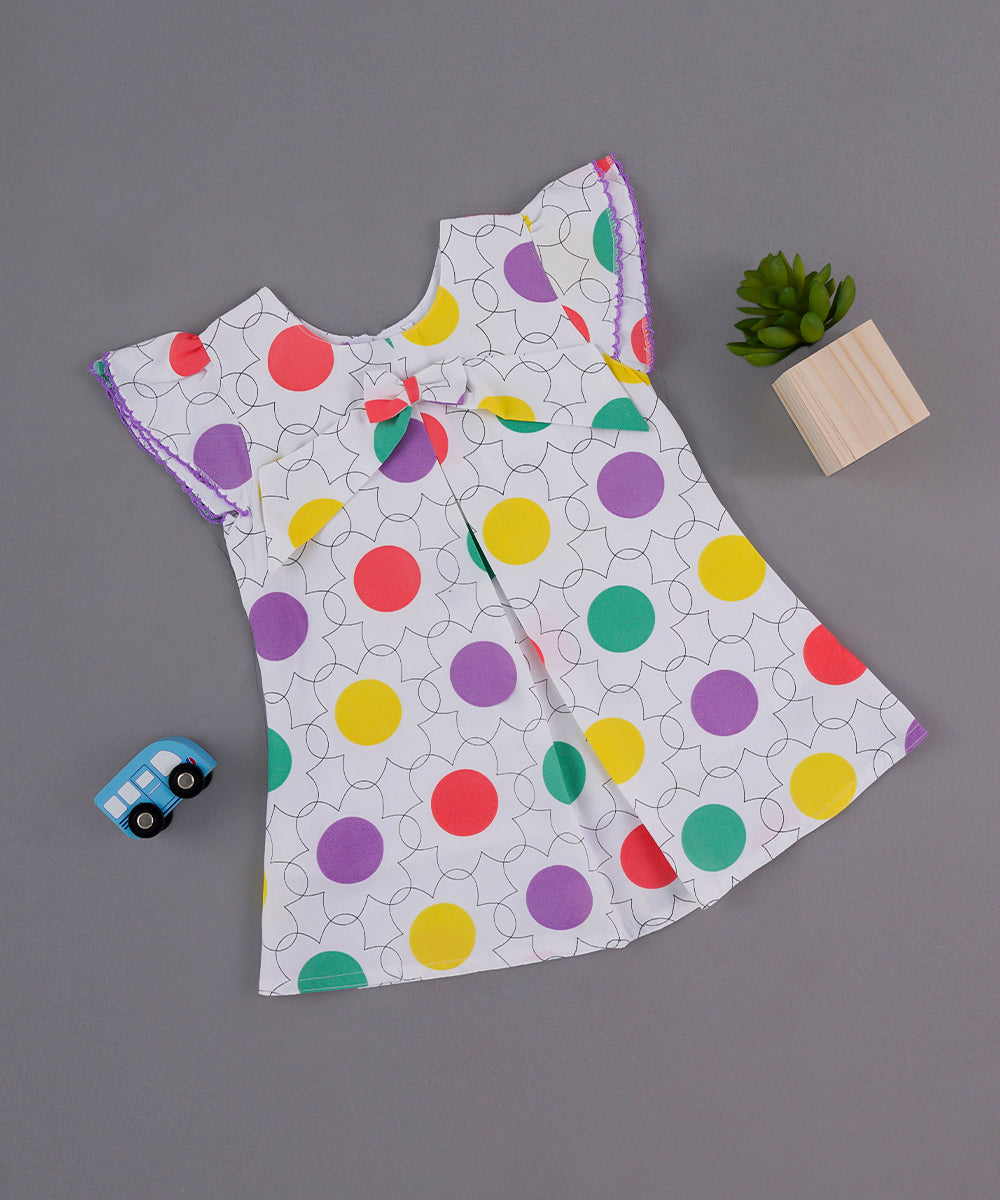 🎀 Rainbow Dots Bow Frock – Cotton Comfort