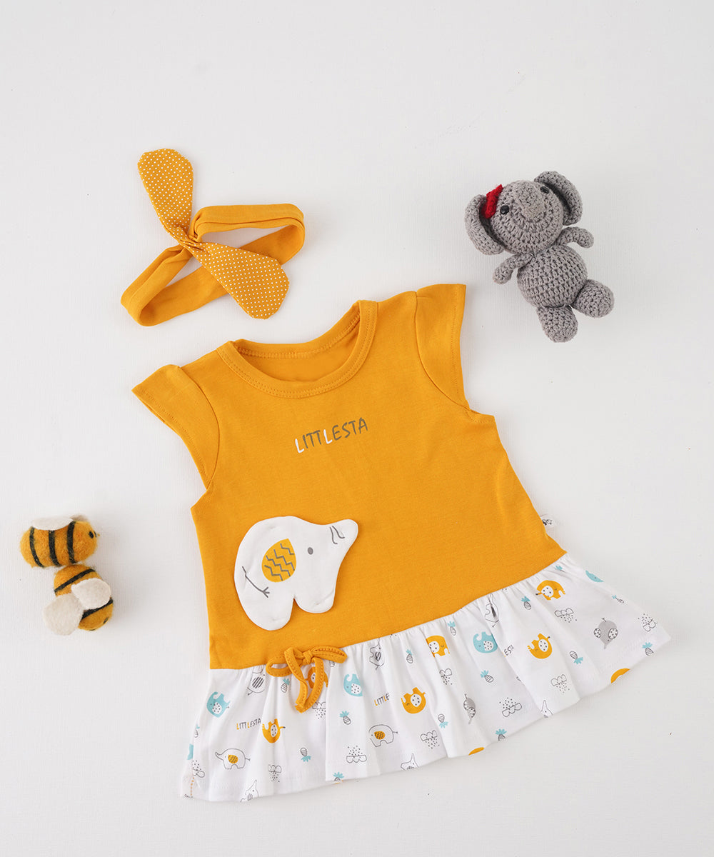 🐘 Mustard Elephant-Themed Baby Dress with Headband 🐘