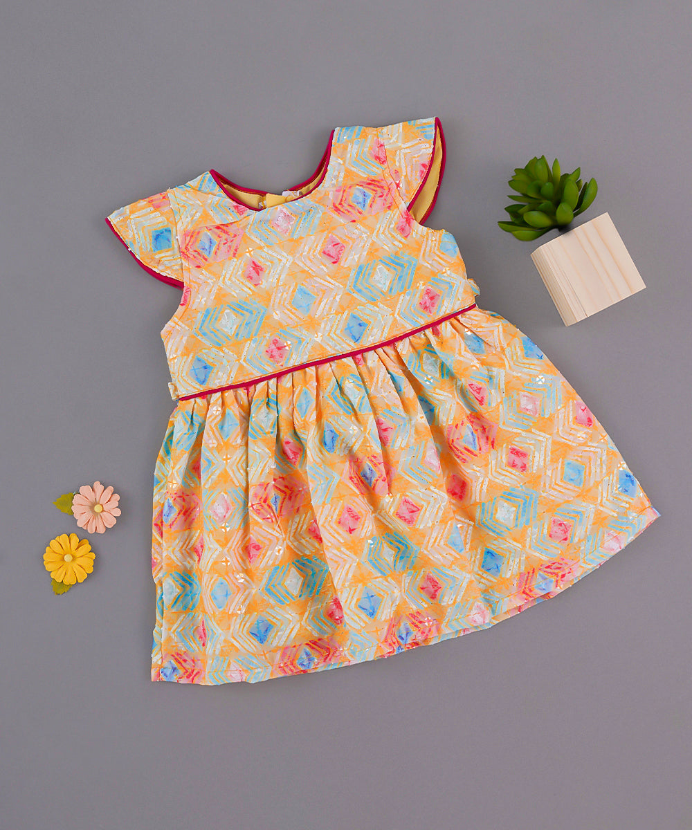 ✨ Geometric Print Yellow Frock – Festive Sparkle Edition