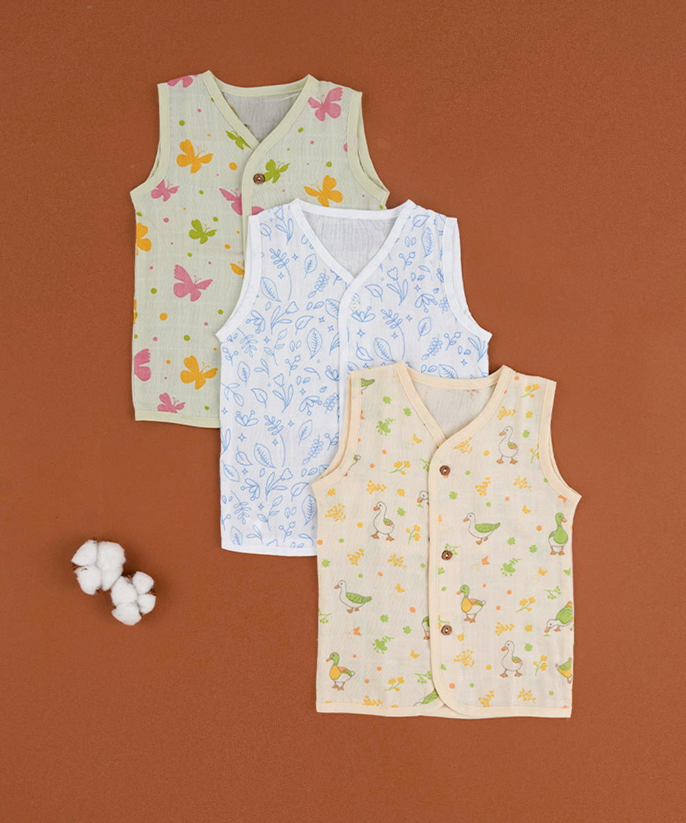 Muslin Cotton Sleeveless Jabla Set – Pack of 3 (Duck, Butterfly & Leaf Prints) 🦆🍃🦋