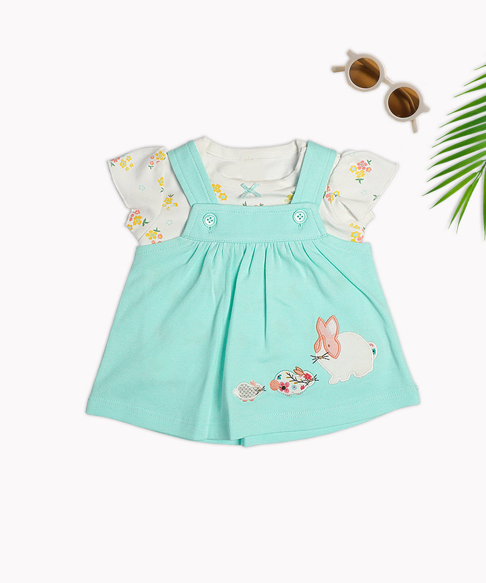 Adorable Aqua Pinafore Dress Set with Bunny Embroidery