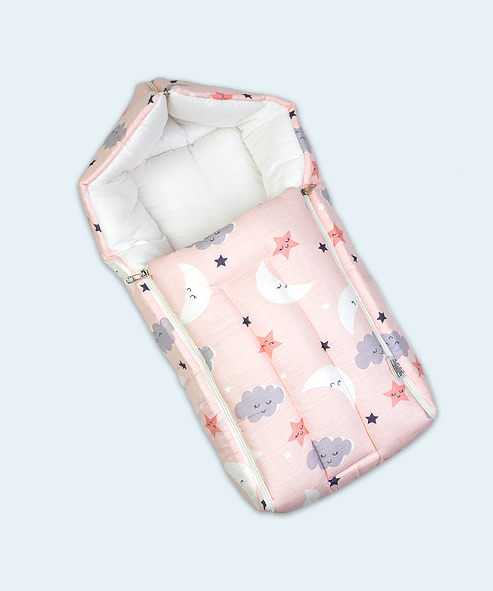 Soft Muslin Baby Carry Nest with Hood – Pink with Moon & Star Print
