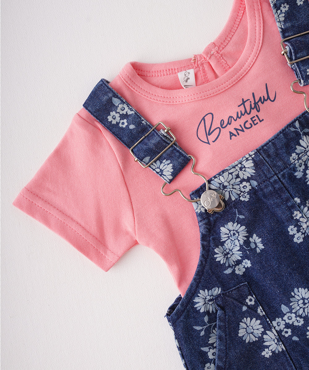 🌸 Pink T-Shirt & Floral Denim Dungaree Set 🌸