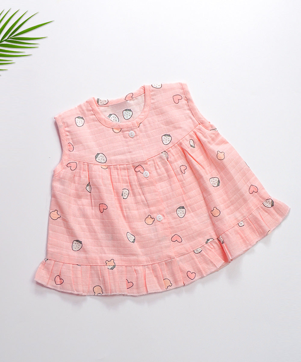 MuslinButton Frock Strawberry Printed