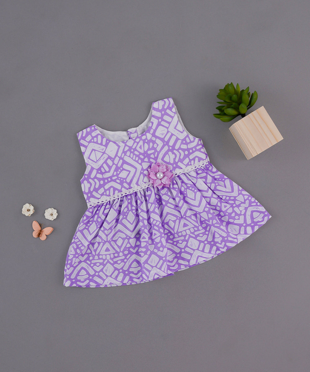💜 Lavender Printed Party Frock with Floral Accent