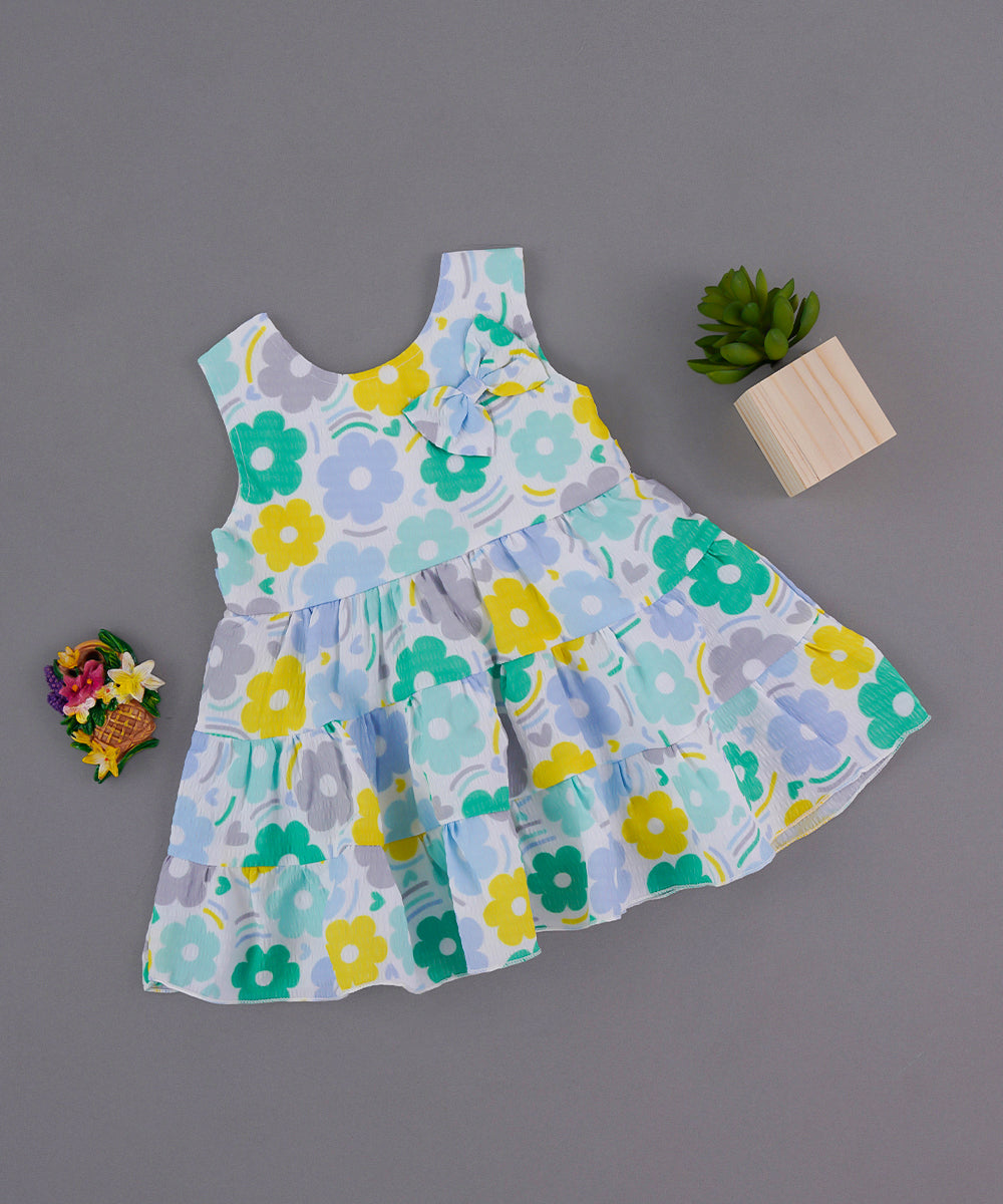🌼 Multicolor Floral Baby Frock with Bow & Layered Skirt