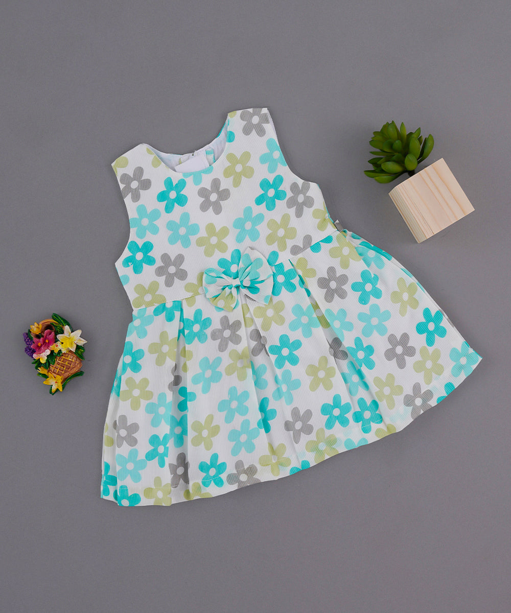 Mint Green & Blue Floral Frock with Bow – Soft Cotton Comfort