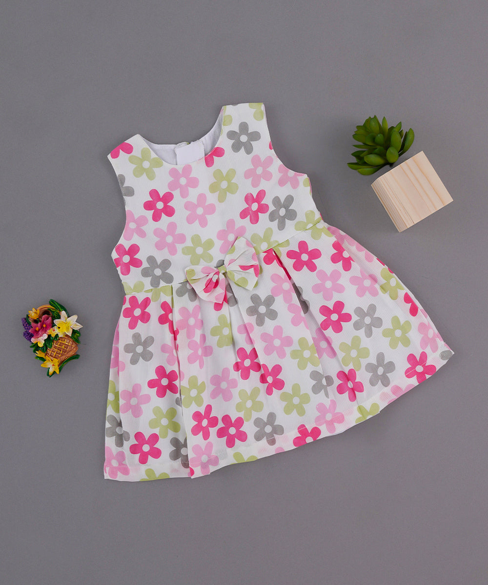 Sleeveless Pink Floral Bow Frock – Soft Muslin Cotton