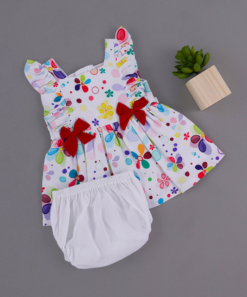 Multicolor Printed Frock with Red Bow & White Diaper Cover