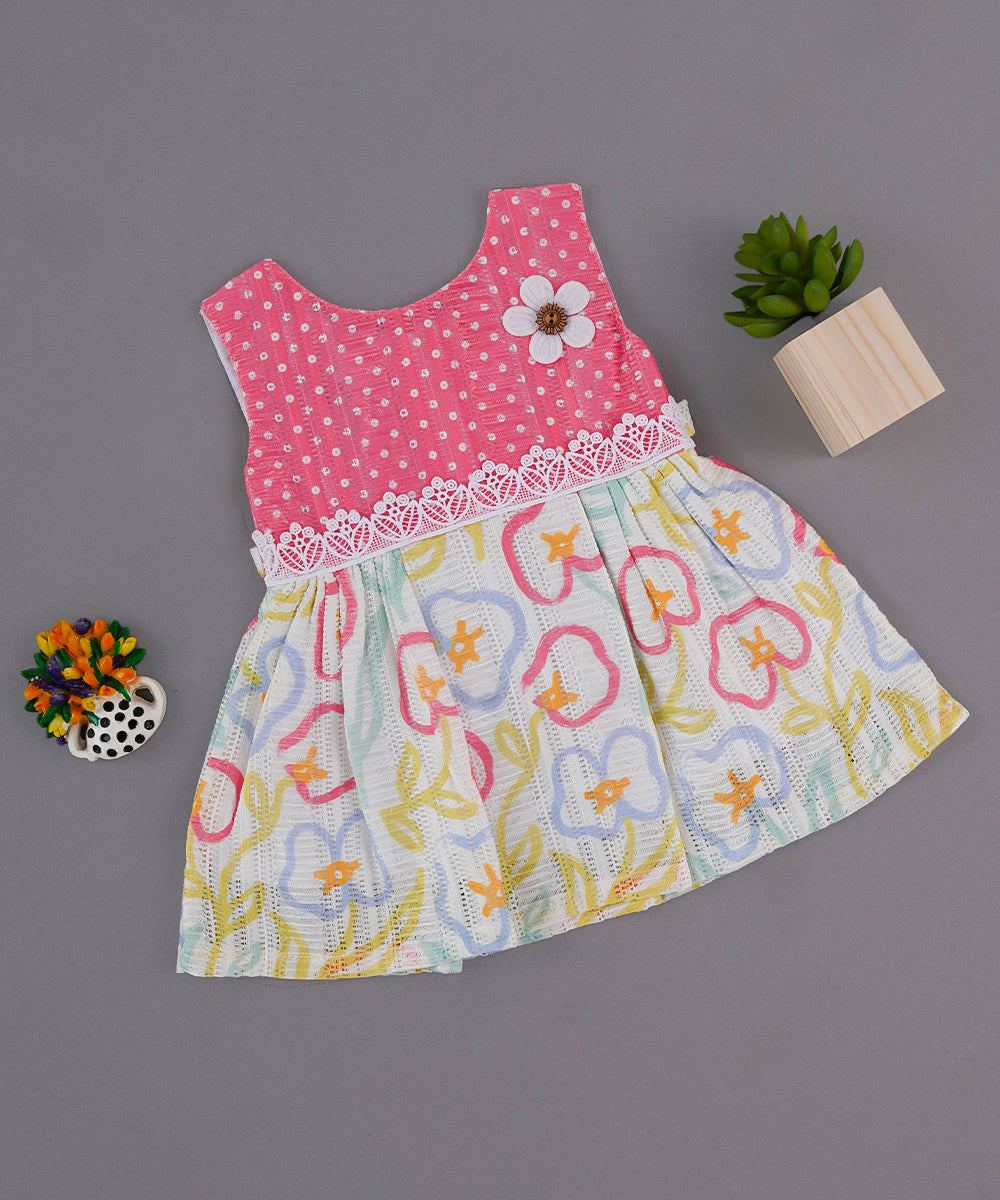 Pink Polka & Floral Print Baby Frock with Lace Detailing