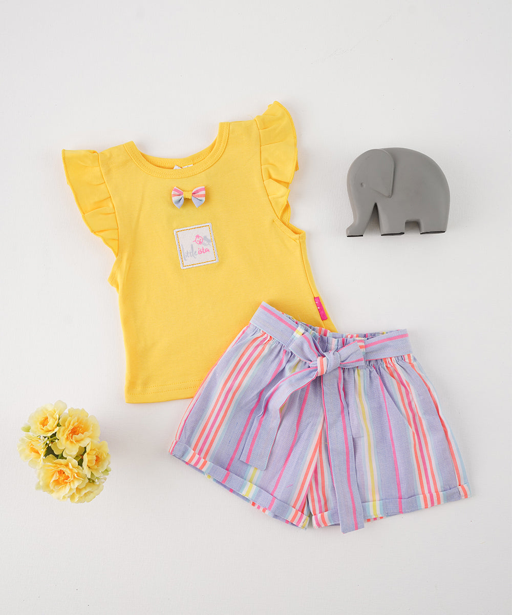 🌞 Yellow Top & Striped Shorts Set 🌞