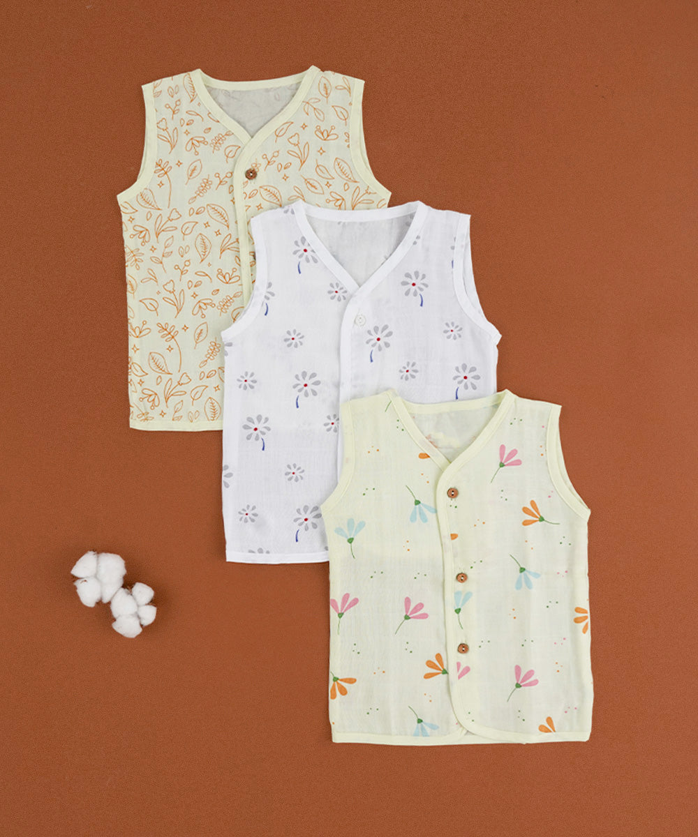 Muslin Cotton Sleeveless Jabla Set – Pack of 3 (Pastel Leaf & Floral Prints) 🌿🌼🌸