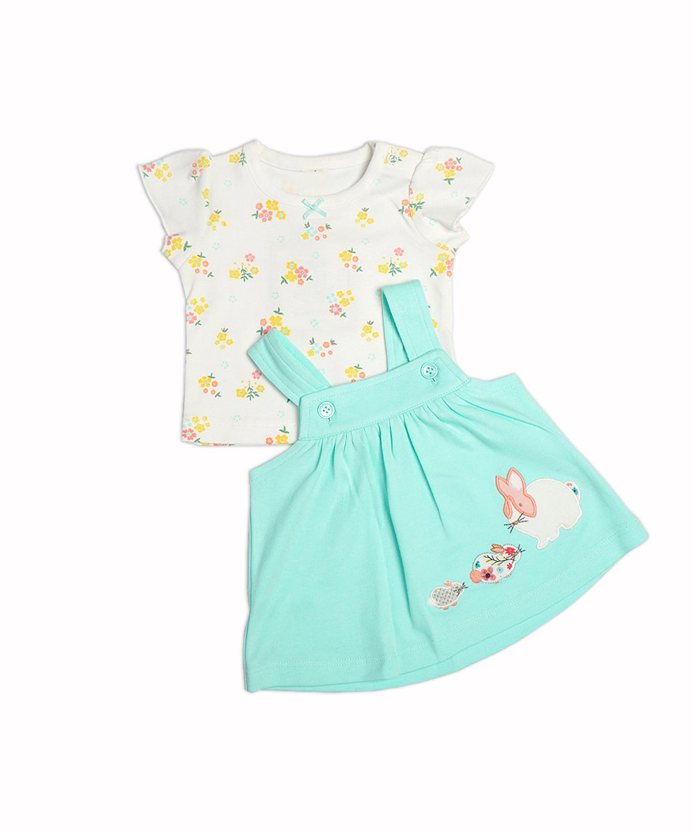 Adorable Aqua Pinafore Dress Set with Bunny Embroidery