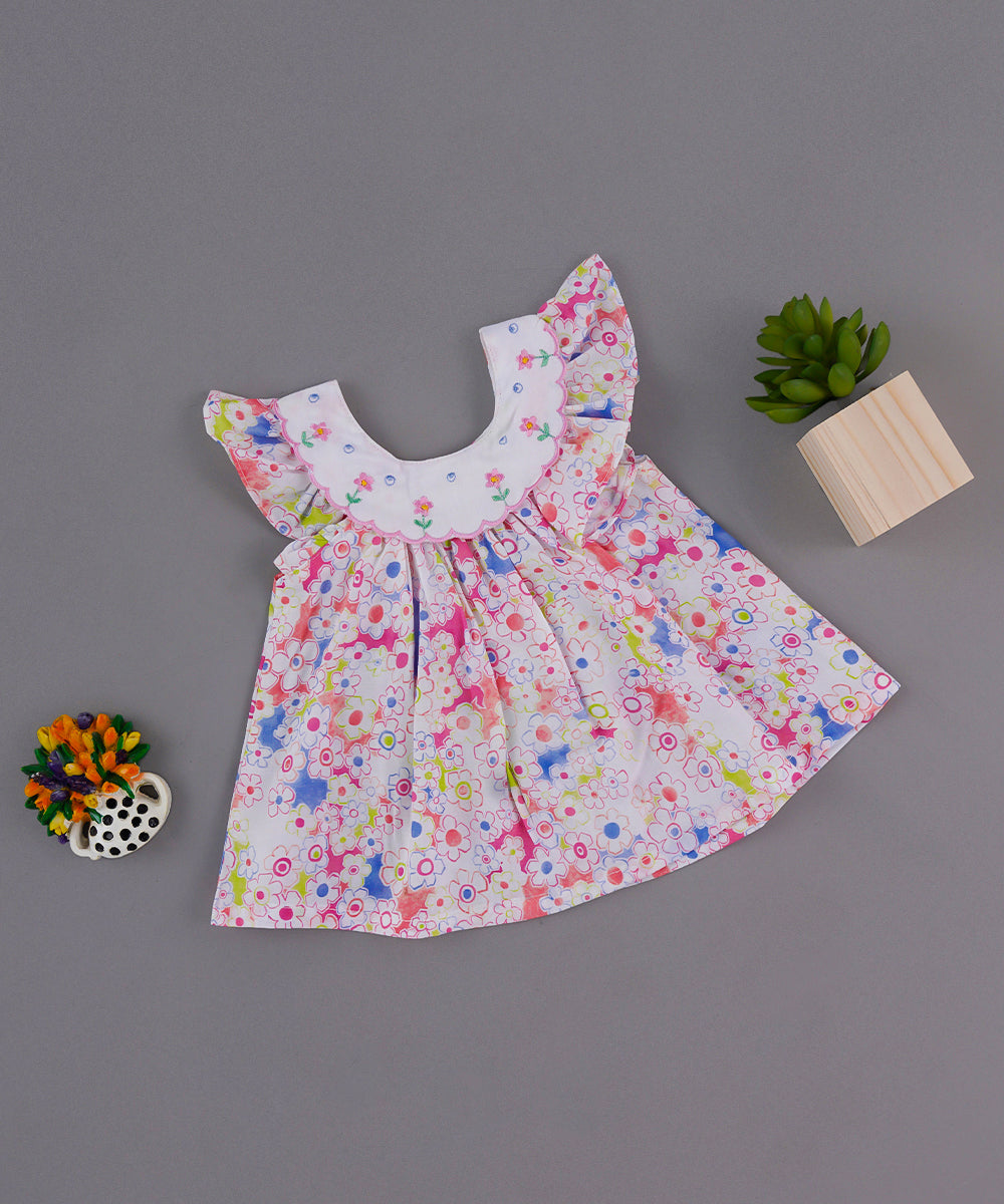Pink Floral Ruffle Sleeve Frock with White Embroidered Yoke