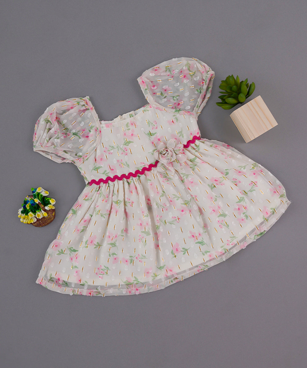 White Floral Net Frock with Puffy Sleeves & Rose Appliqué