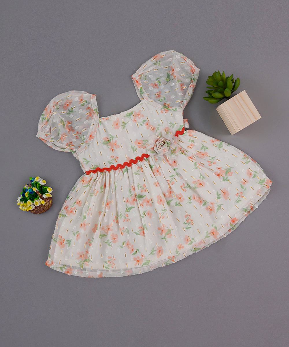 Peach Floral Net Frock with Puffy Sleeves & Rose Detail