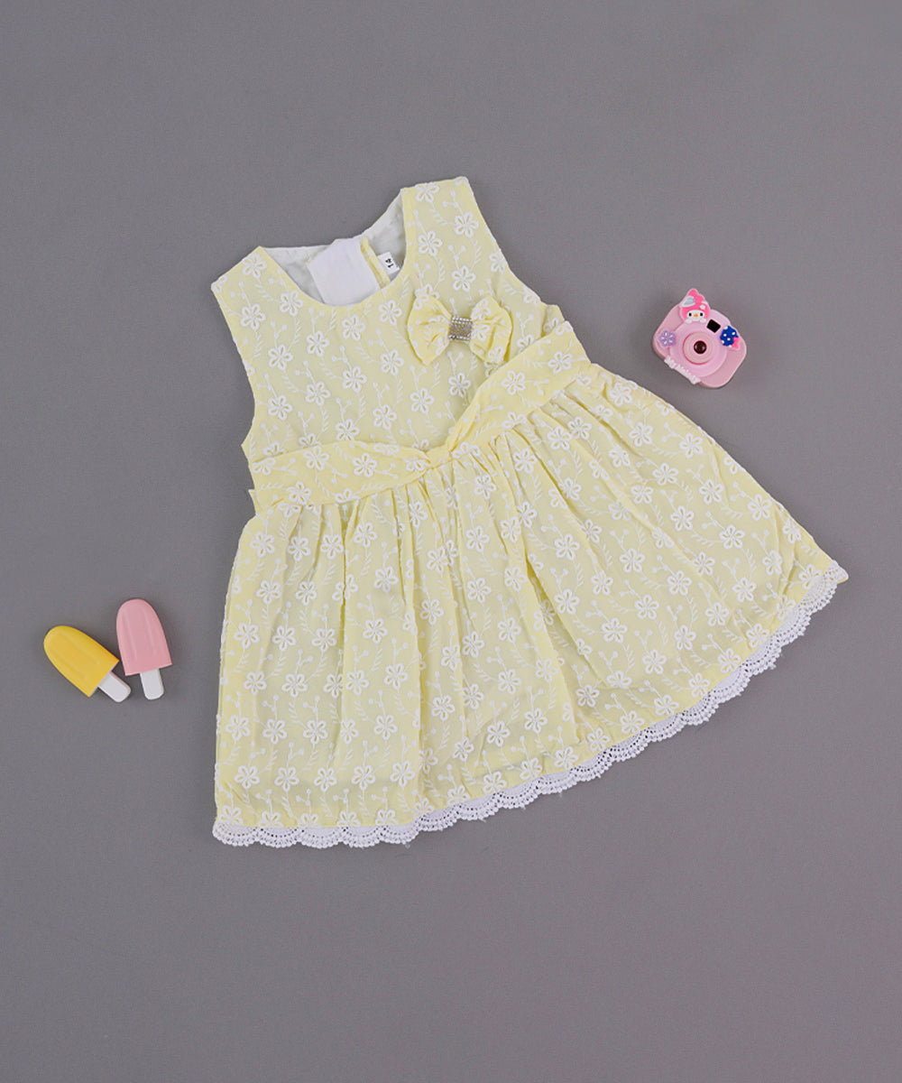 Light Yellow Floral Frock with Bow & Lace Hem