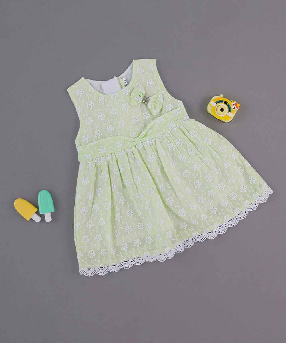 Light Green Embroidered Frock with Bow & Lace Hem
