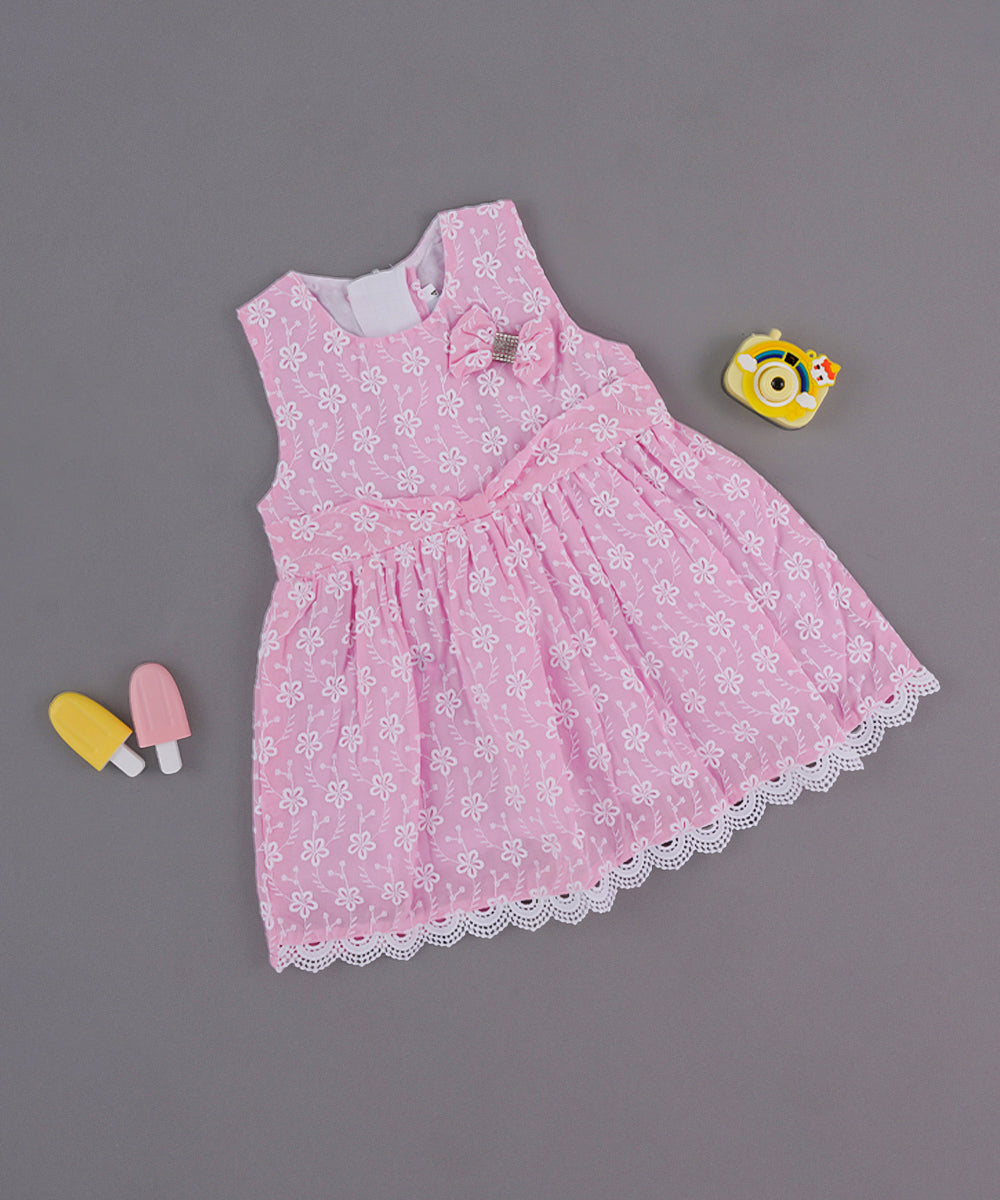 Pink Floral Embroidered Frock with Bow & Lace Border