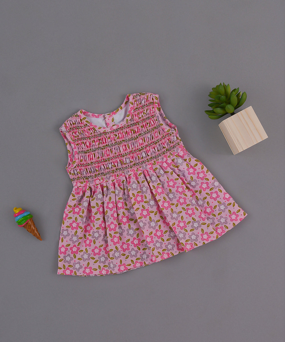 Pink Smocked Floral Cotton Frock – Sleeveless Comfort Wear