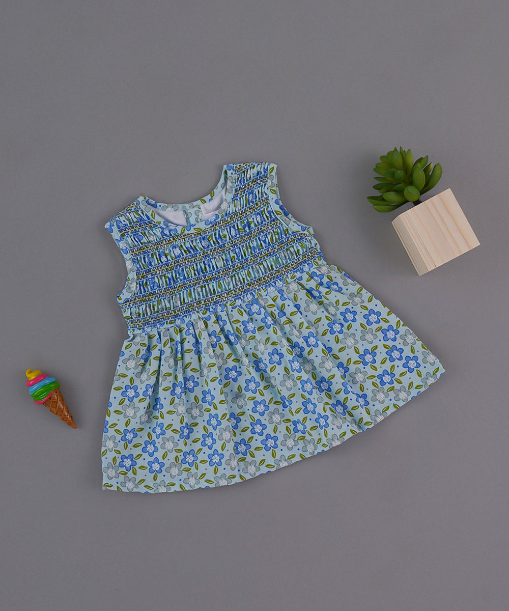 Blue Floral Smocked Cotton Frock – Sleeveless Baby Dress