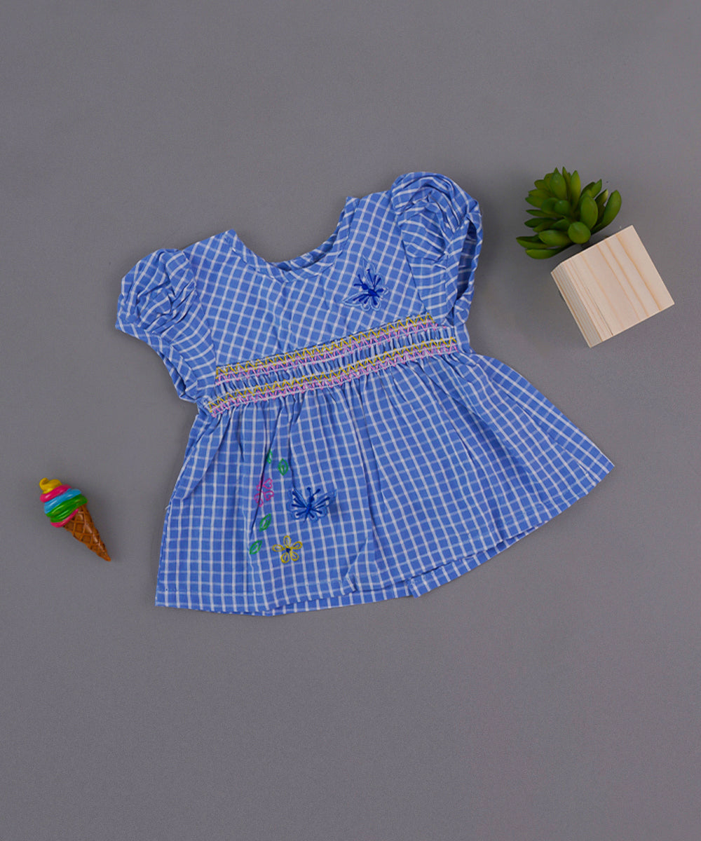 Blue Checked Cotton Frock with Embroidery – Puff Sleeve Baby Dress