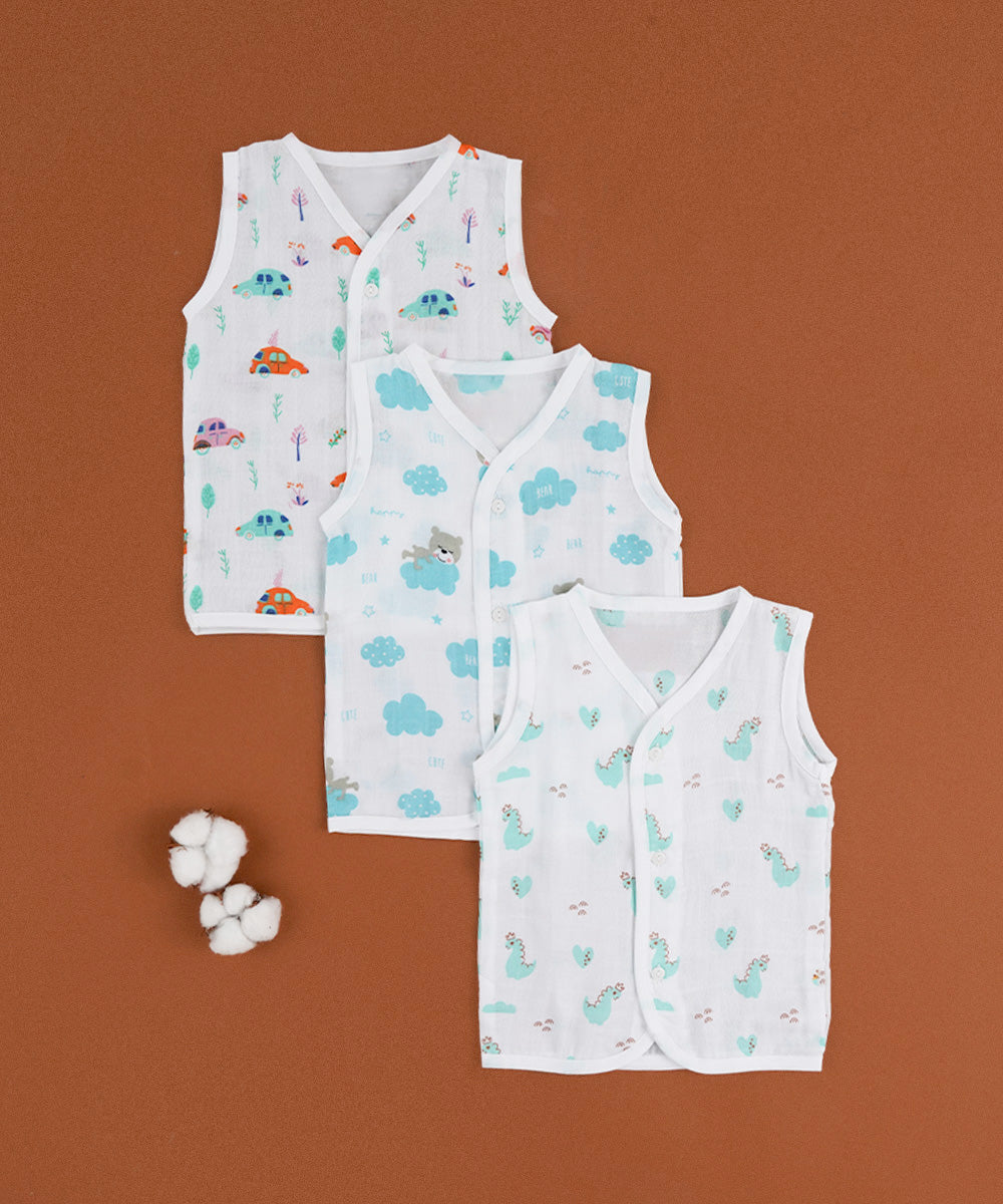 Muslin Cotton Sleeveless Jabla Set – Pack of 3 (Cars, Clouds & Dino Print) 🚗☁️🦕