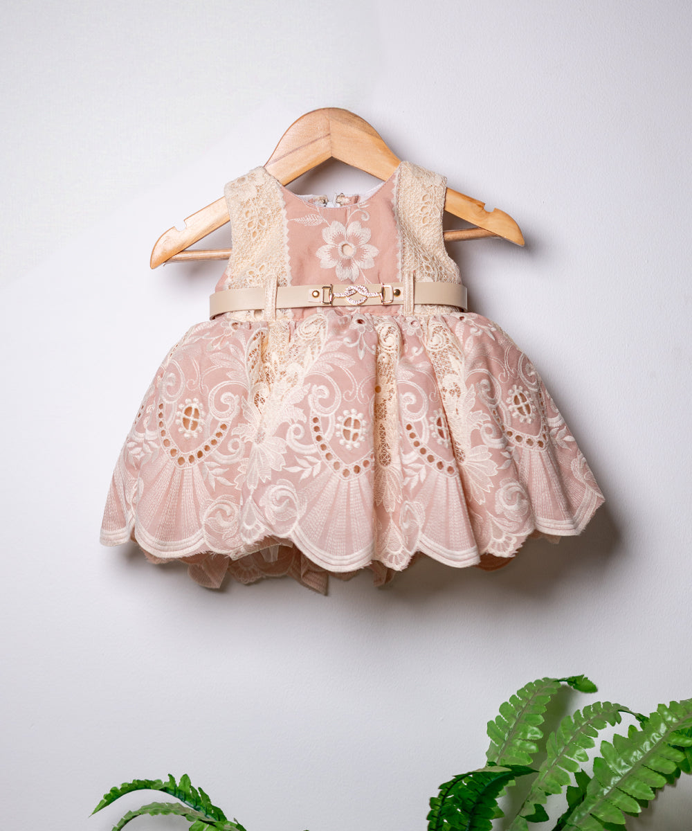 Baby Girl's Beige Lace Party Dress with Belt