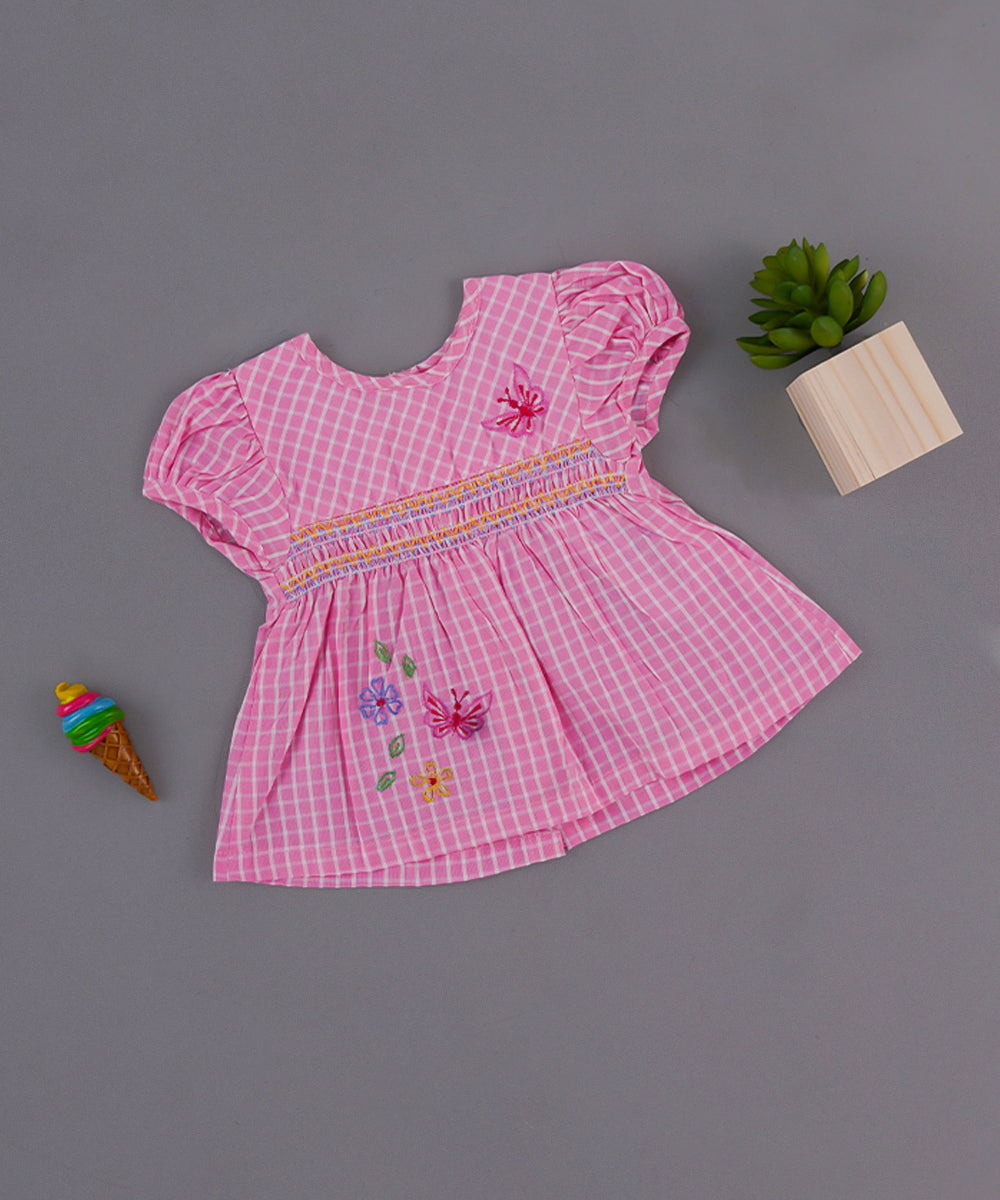 Pink Checked Cotton Frock with Embroidery – Puff Sleeve Baby Dress