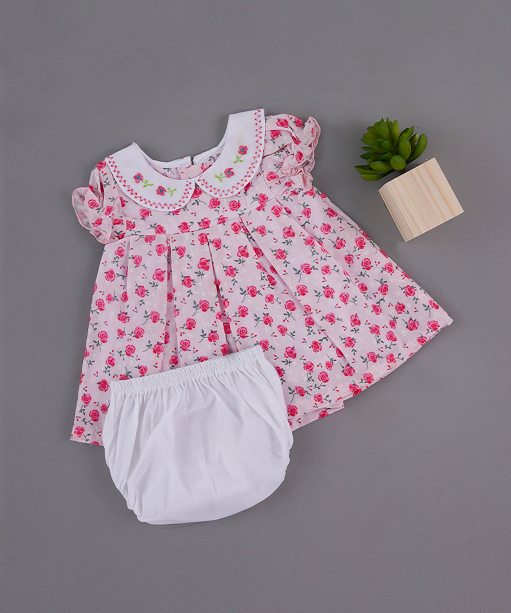 Pink Rose Print Baby Girl Frock with Embroidered Collar & Bloomer Set