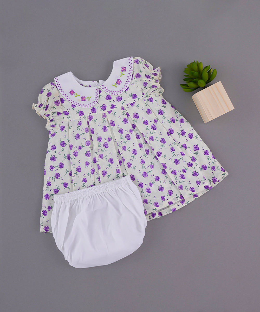 Purple Rose Baby Girl Frock with Embroidered Collar & Bloomer Set